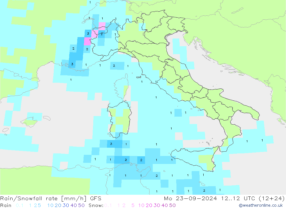 Rain/Snowfall rate GFS lun 23.09.2024 12 UTC