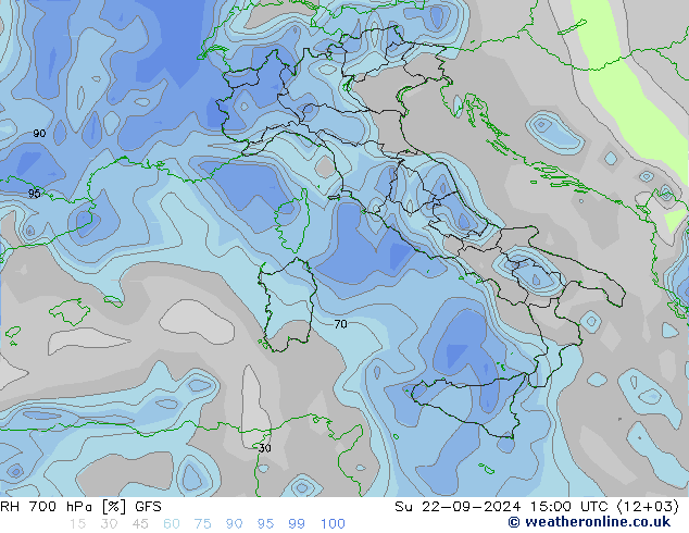 RH 700 hPa GFS dom 22.09.2024 15 UTC