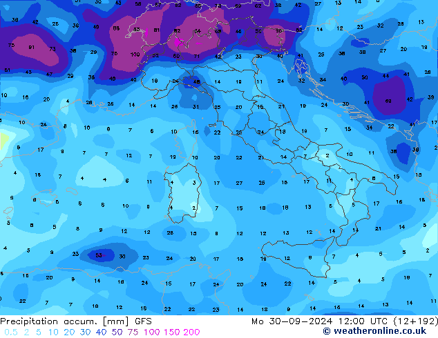 Precipitation accum. GFS Mo 30.09.2024 12 UTC