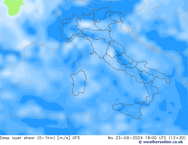 Deep layer shear (0-1km) GFS lun 23.09.2024 18 UTC