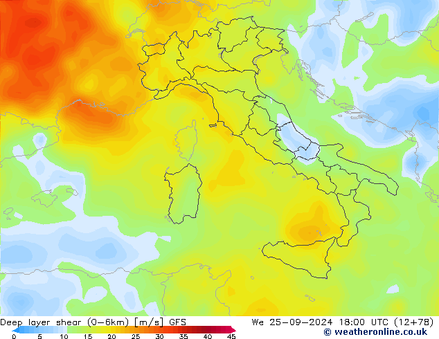 Deep layer shear (0-6km) GFS wo 25.09.2024 18 UTC