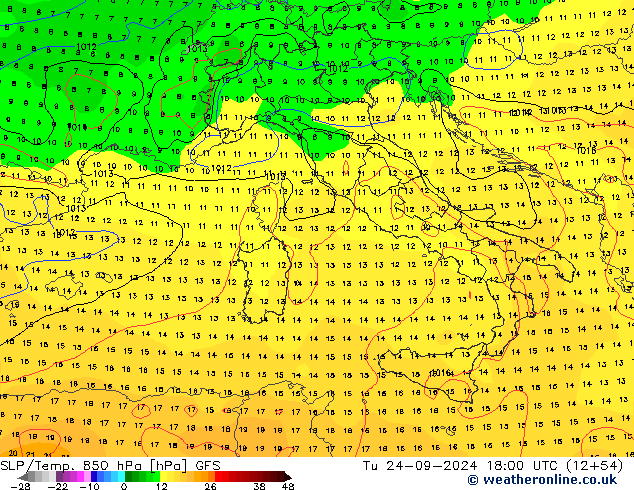 SLP/Temp. 850 hPa GFS wto. 24.09.2024 18 UTC