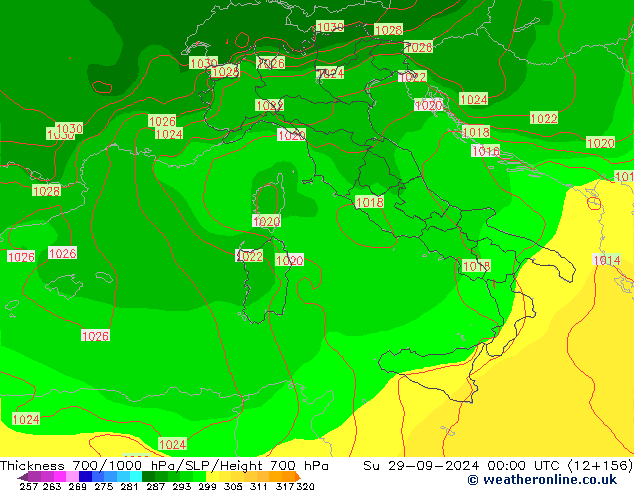 Thck 700-1000 hPa GFS dom 29.09.2024 00 UTC