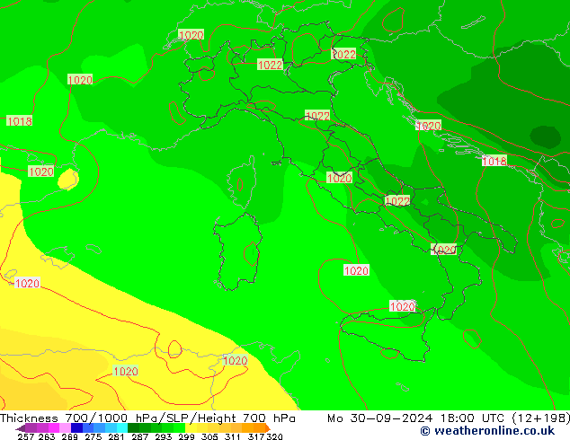 Thck 700-1000 hPa GFS pon. 30.09.2024 18 UTC