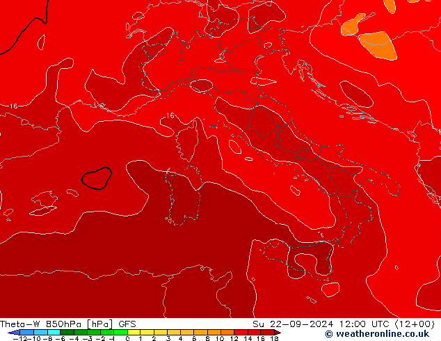 Theta-W 850hPa GFS nie. 22.09.2024 12 UTC