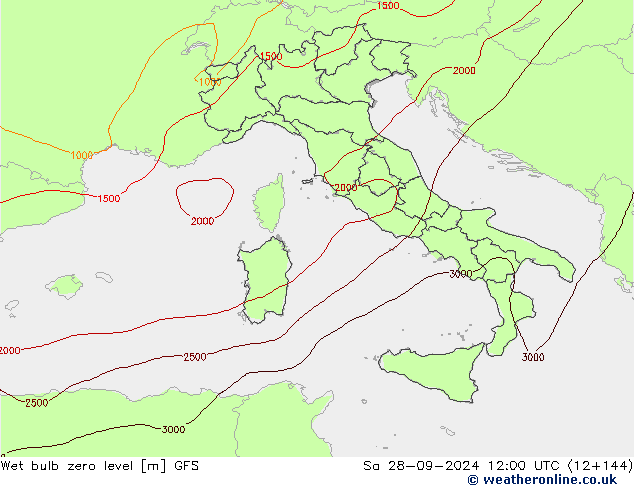 Theta-W Isoterma 0° GFS Sáb 28.09.2024 12 UTC