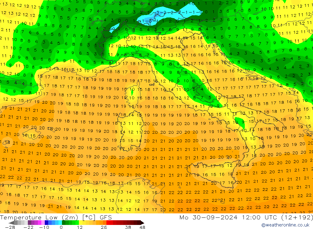 Temperature Low (2m) GFS Mo 30.09.2024 12 UTC