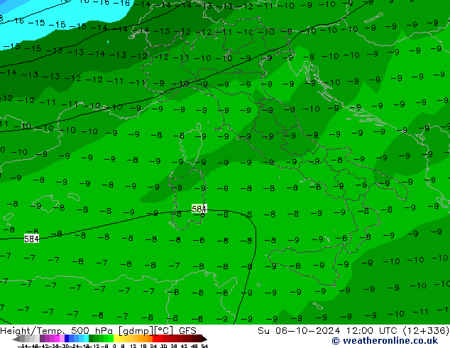 Height/Temp. 500 hPa GFS nie. 06.10.2024 12 UTC