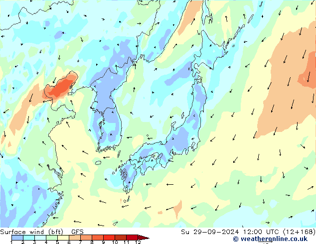 Vento 10 m (bft) GFS dom 29.09.2024 12 UTC