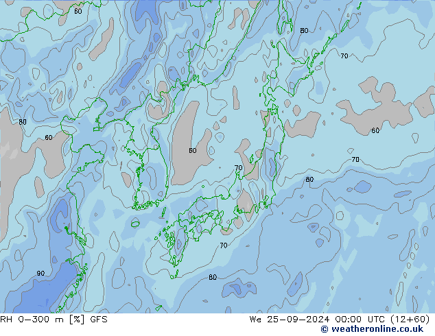 RH 0-300 m GFS śro. 25.09.2024 00 UTC