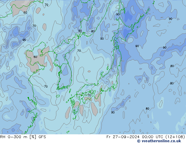 Humedad rel. 0-300m GFS vie 27.09.2024 00 UTC