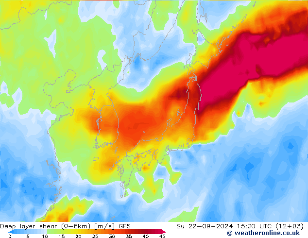 Deep layer shear (0-6km) GFS Dom 22.09.2024 15 UTC