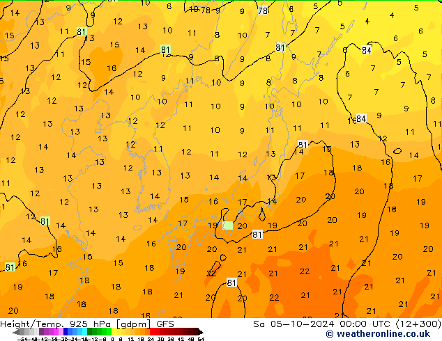 Height/Temp. 925 hPa GFS Sa 05.10.2024 00 UTC