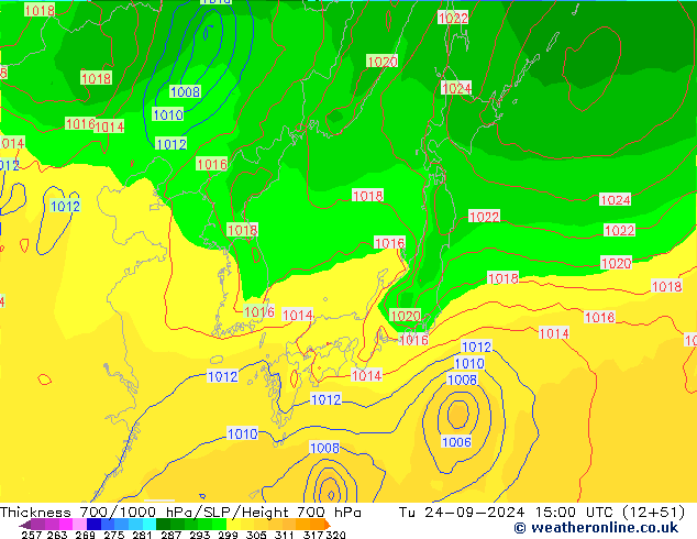 700-1000 hPa Kalınlığı GFS Sa 24.09.2024 15 UTC