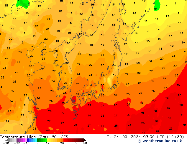 Nejvyšší teplota (2m) GFS Út 24.09.2024 03 UTC