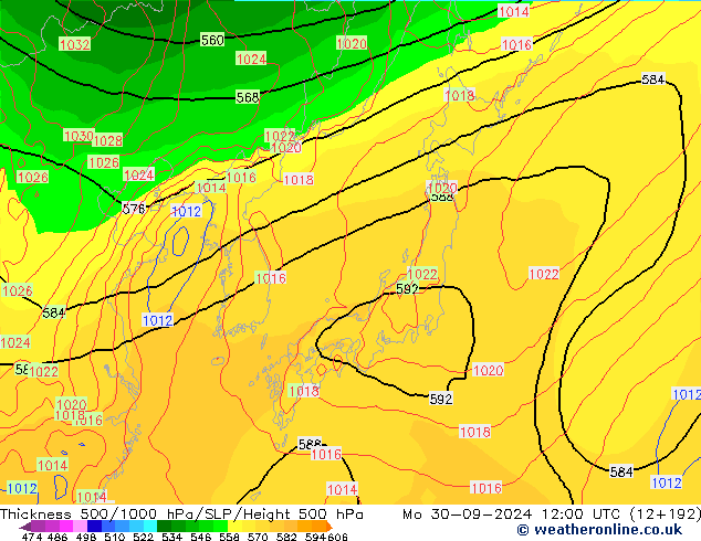 Thck 500-1000hPa GFS pon. 30.09.2024 12 UTC