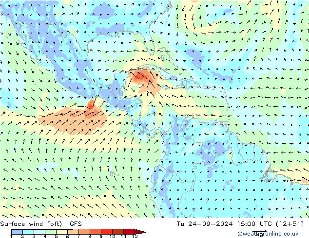  10 m (bft) GFS  24.09.2024 15 UTC