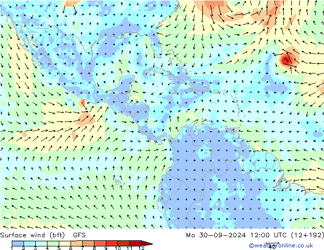 Vent 10 m (bft) GFS lun 30.09.2024 12 UTC