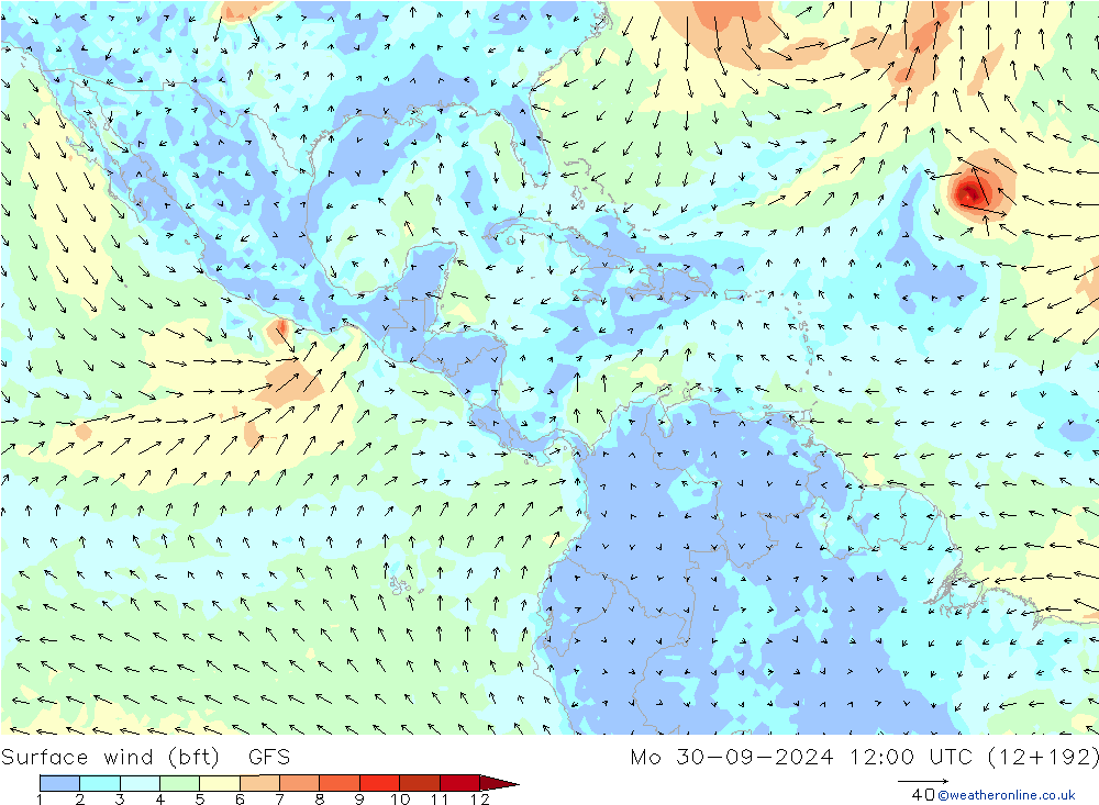 wiatr 10 m (bft) GFS pon. 30.09.2024 12 UTC