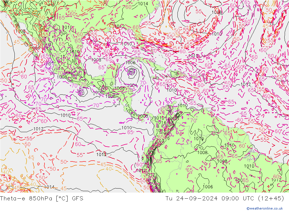 Theta-e 850гПа GFS вт 24.09.2024 09 UTC