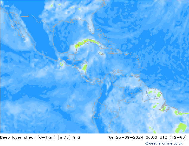 Deep layer shear (0-1km) GFS mer 25.09.2024 06 UTC