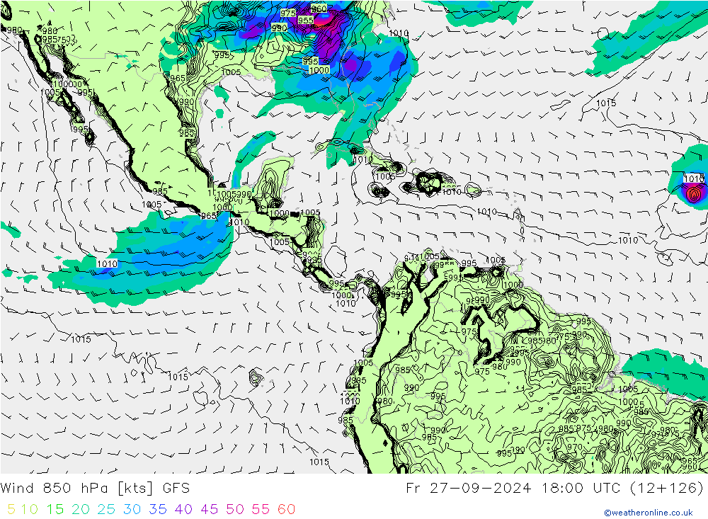 Rüzgar 850 hPa GFS Cu 27.09.2024 18 UTC