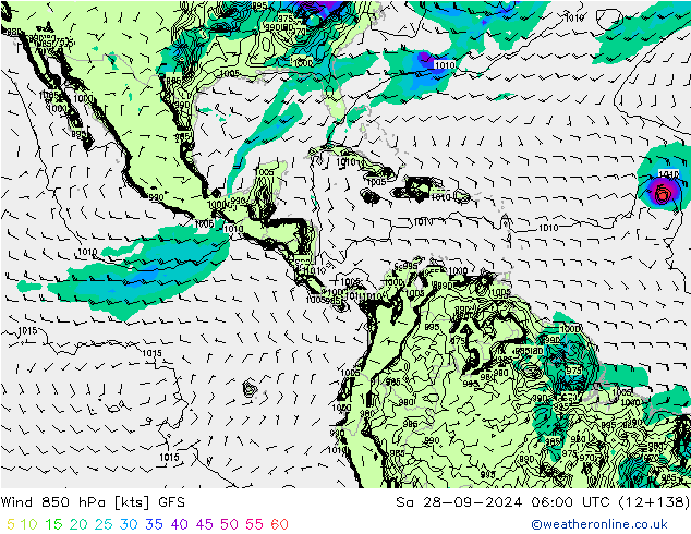 Wind 850 hPa GFS Sa 28.09.2024 06 UTC