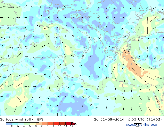 Rüzgar 10 m (bft) GFS Paz 22.09.2024 15 UTC