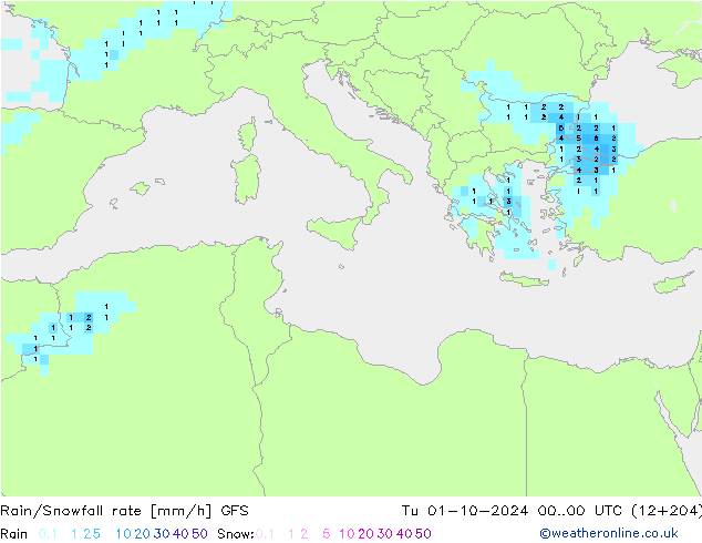 Rain/Snowfall rate GFS Út 01.10.2024 00 UTC