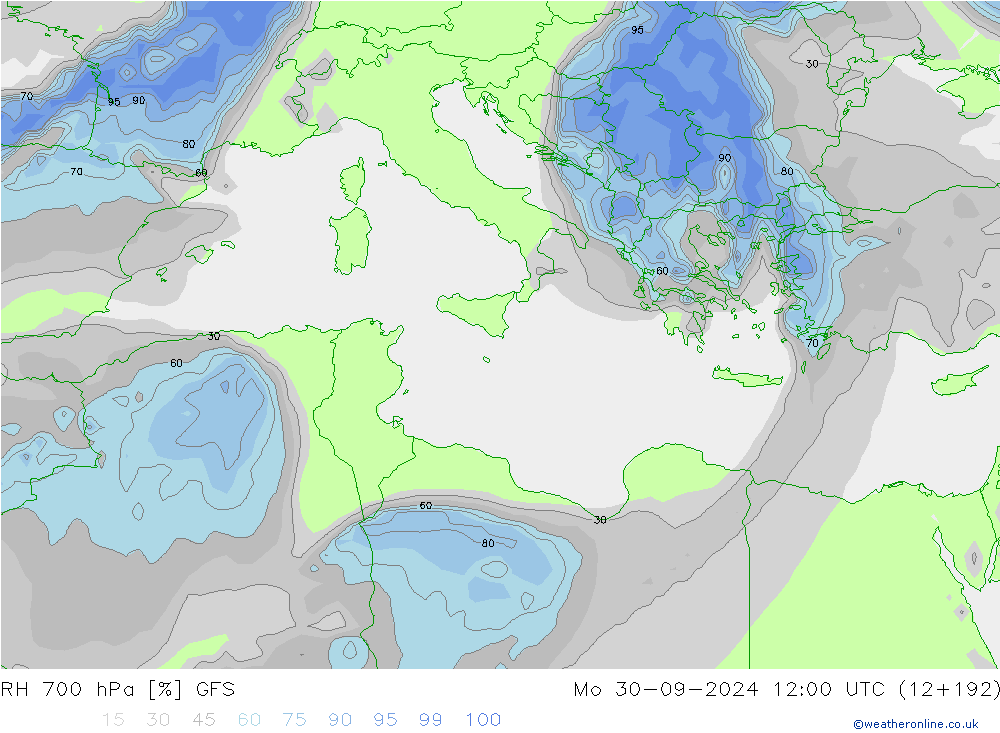 RH 700 hPa GFS Mo 30.09.2024 12 UTC