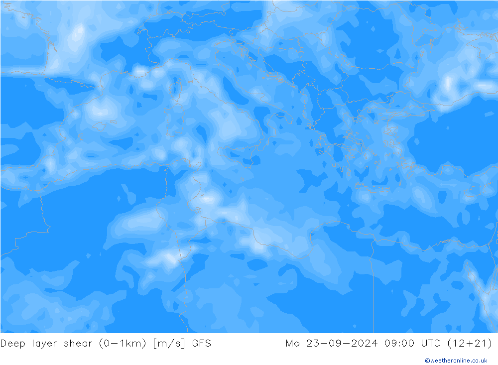 Deep layer shear (0-1km) GFS Seg 23.09.2024 09 UTC