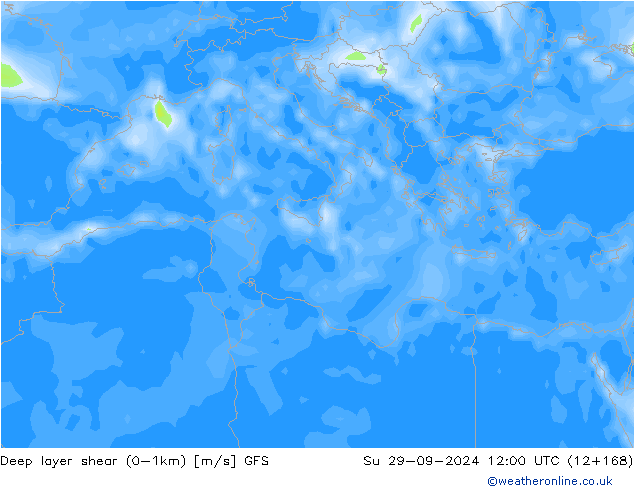 Deep layer shear (0-1km) GFS Su 29.09.2024 12 UTC