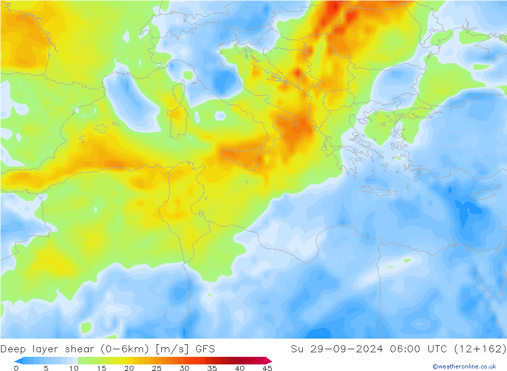 Deep layer shear (0-6km) GFS  29.09.2024 06 UTC