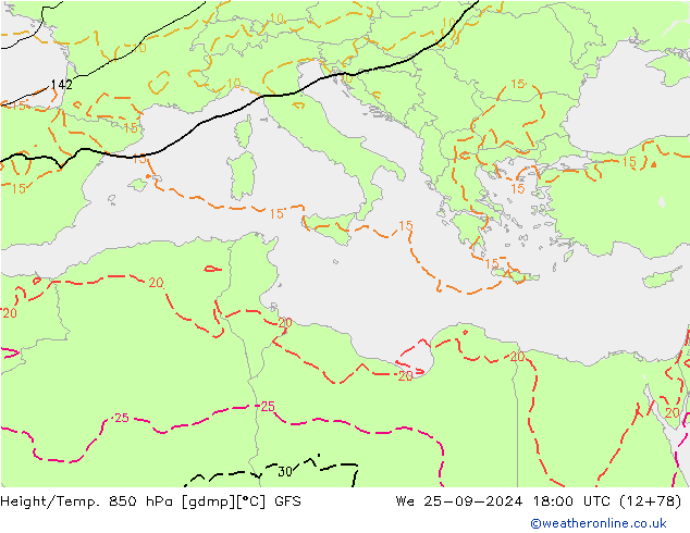 Height/Temp. 850 hPa GFS Qua 25.09.2024 18 UTC