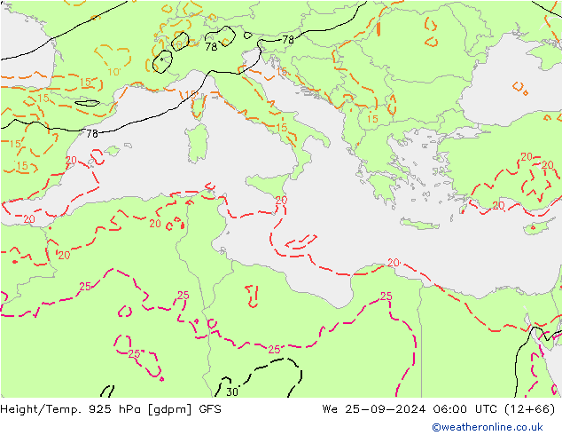 Height/Temp. 925 hPa GFS We 25.09.2024 06 UTC