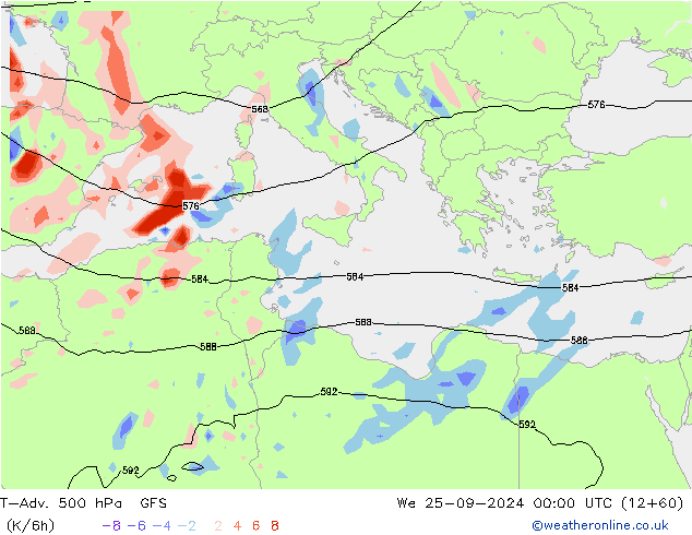 T-Adv. 500 hPa GFS śro. 25.09.2024 00 UTC