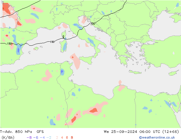 T-Adv. 850 hPa GFS mer 25.09.2024 06 UTC