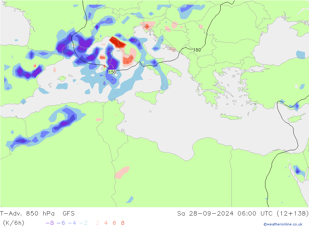 T-Adv. 850 hPa GFS  28.09.2024 06 UTC