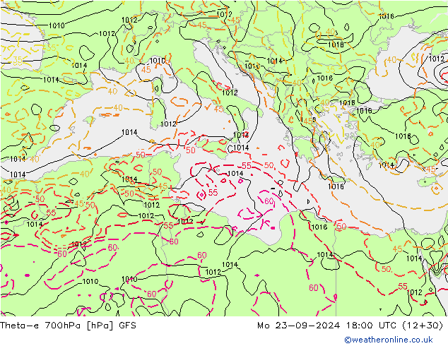 Theta-e 700hPa GFS  23.09.2024 18 UTC