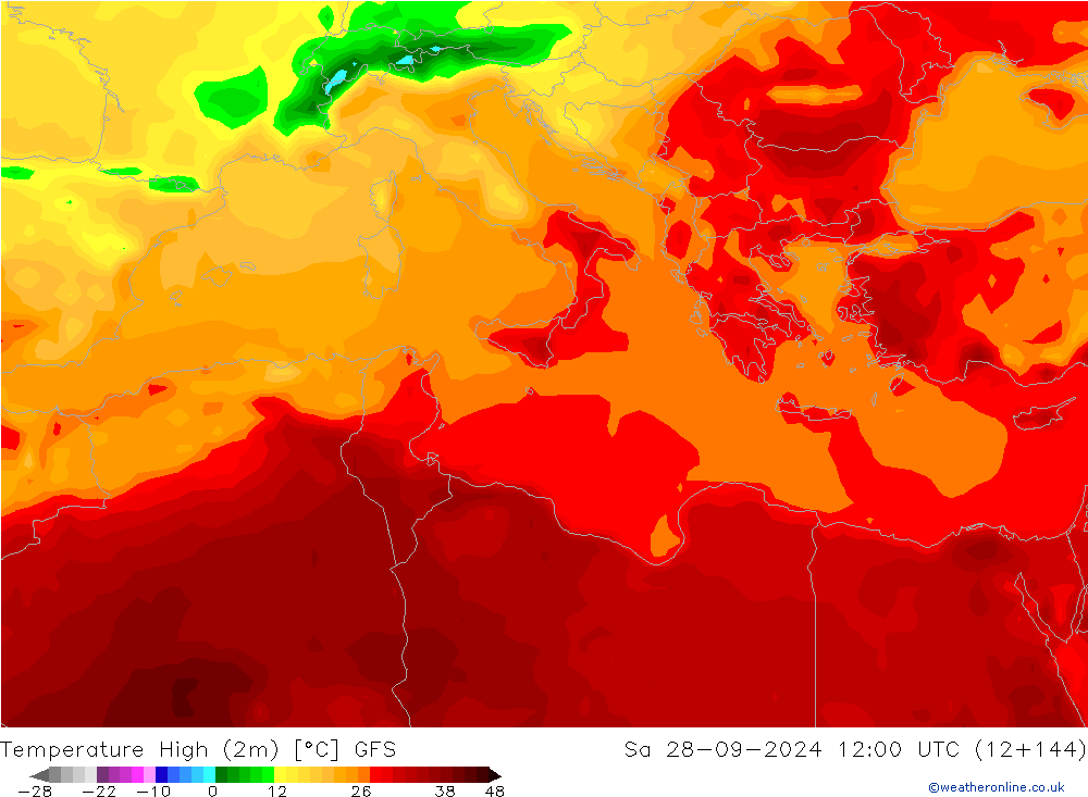 température 2m max GFS sam 28.09.2024 12 UTC