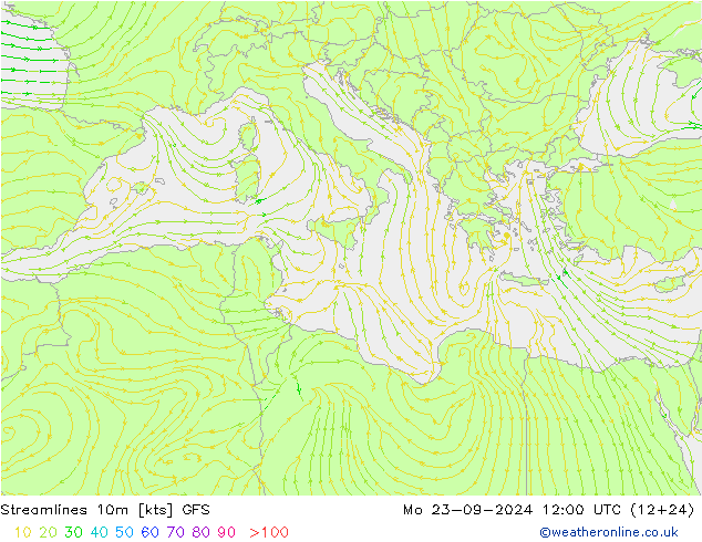 Streamlines 10m GFS Po 23.09.2024 12 UTC