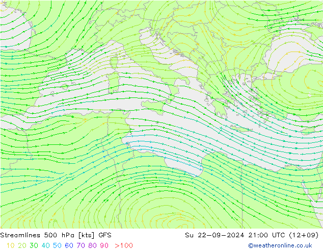 Ligne de courant 500 hPa GFS dim 22.09.2024 21 UTC