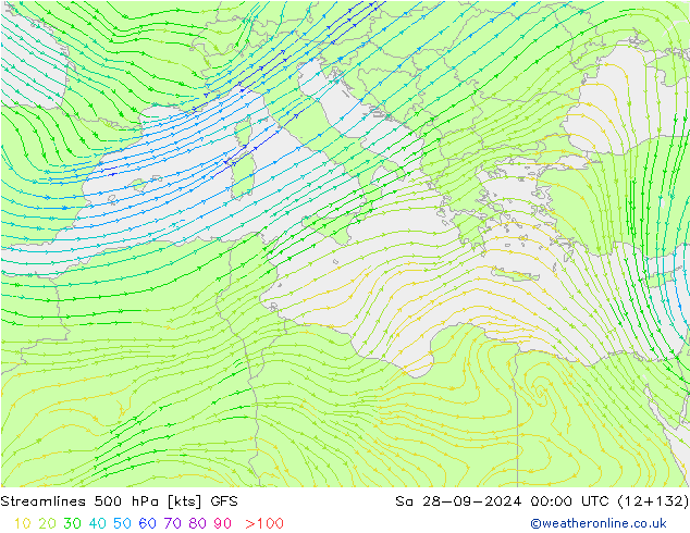 Linea di flusso 500 hPa GFS sab 28.09.2024 00 UTC