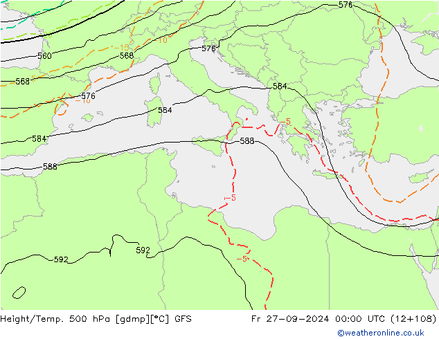 Z500/Rain (+SLP)/Z850 GFS ven 27.09.2024 00 UTC