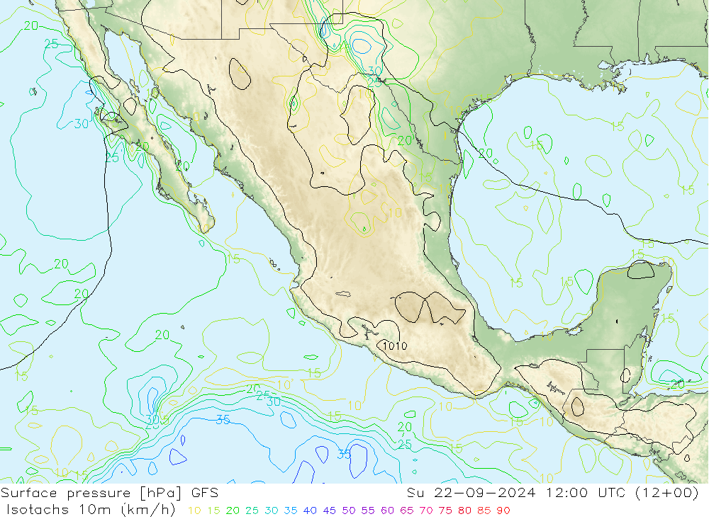 Isotachs (kph) GFS Su 22.09.2024 12 UTC