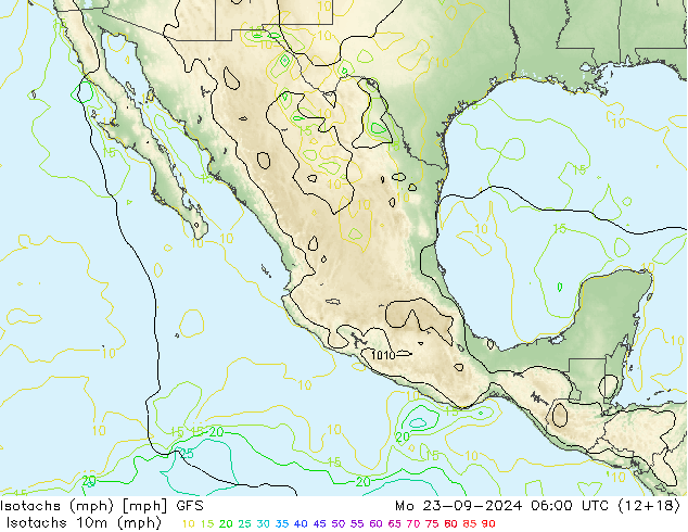 Isotachs (mph) GFS lun 23.09.2024 06 UTC