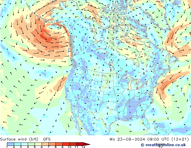 Surface wind (bft) GFS Mo 23.09.2024 09 UTC