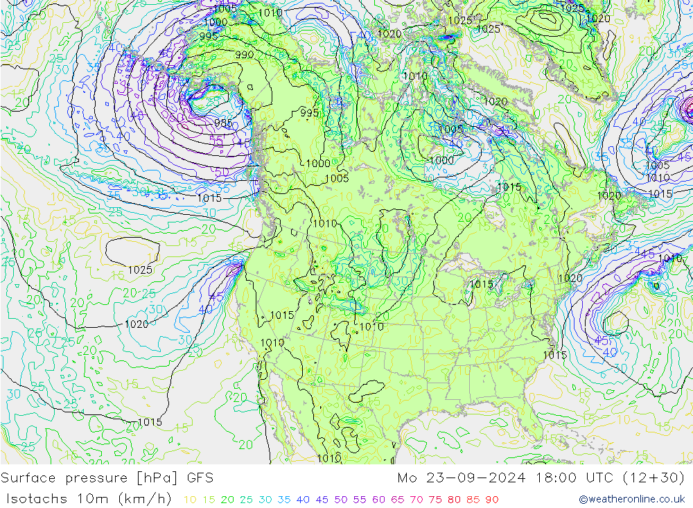 Isotachs (kph) GFS Po 23.09.2024 18 UTC