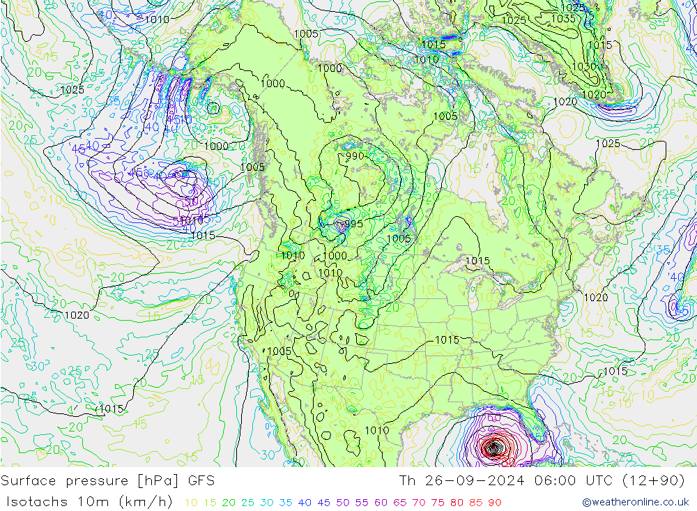 Izotacha (km/godz) GFS czw. 26.09.2024 06 UTC