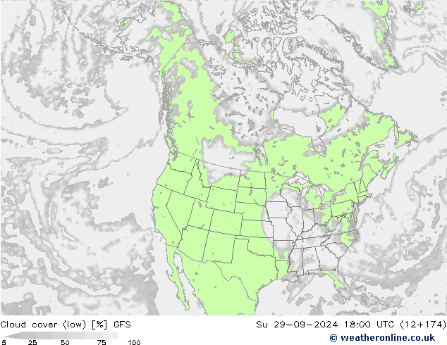 Cloud cover (low) GFS Su 29.09.2024 18 UTC